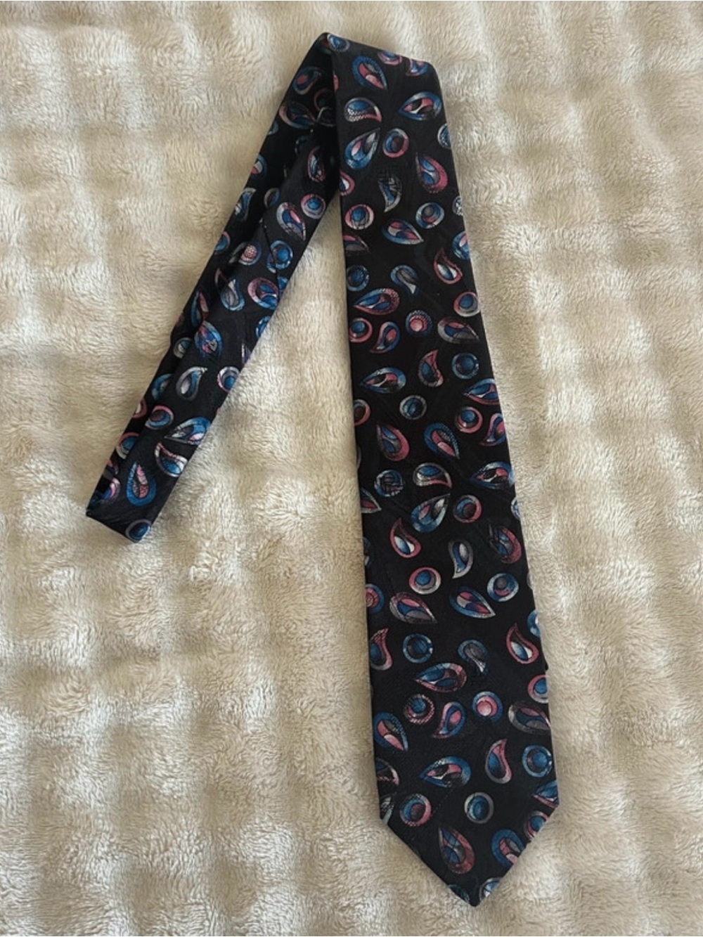 London Fog Black Silk Tie with Blue and Pink Paisley Motif